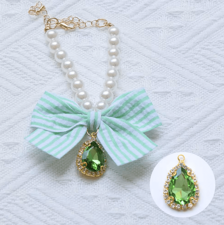 Snoweys Green / Small Diamante Rhinestone Drop with Pearl Necklace for Cats and Dogs